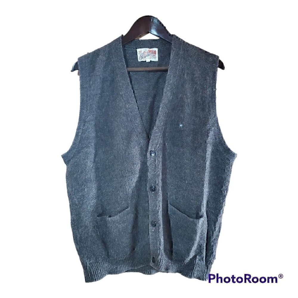 Peruvian Alpaca Wool Mens Large Cardigan Sweater Vest Dark Grey Pockets Grandpa